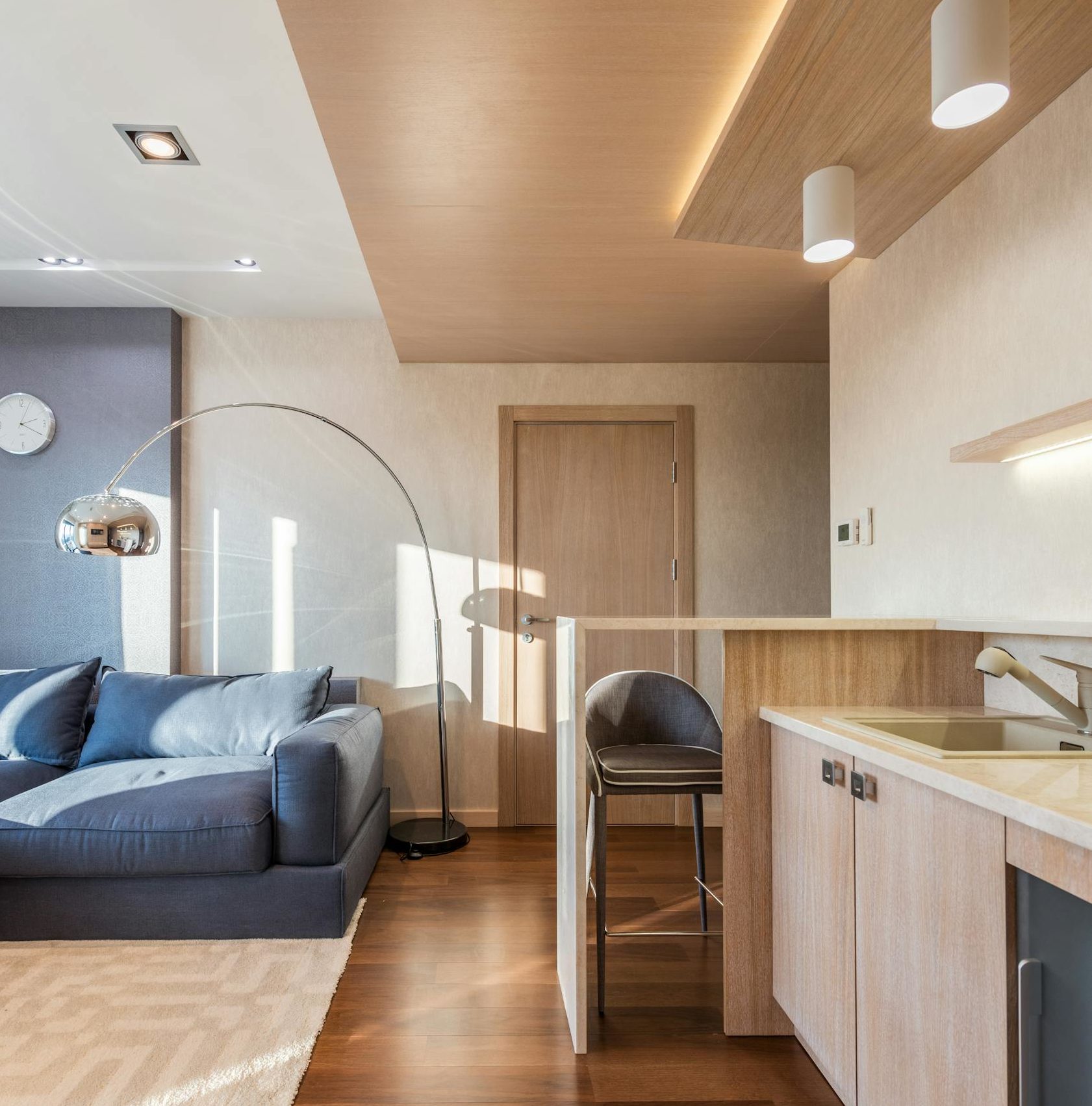 Interior of modern apartment with kitchen and living room